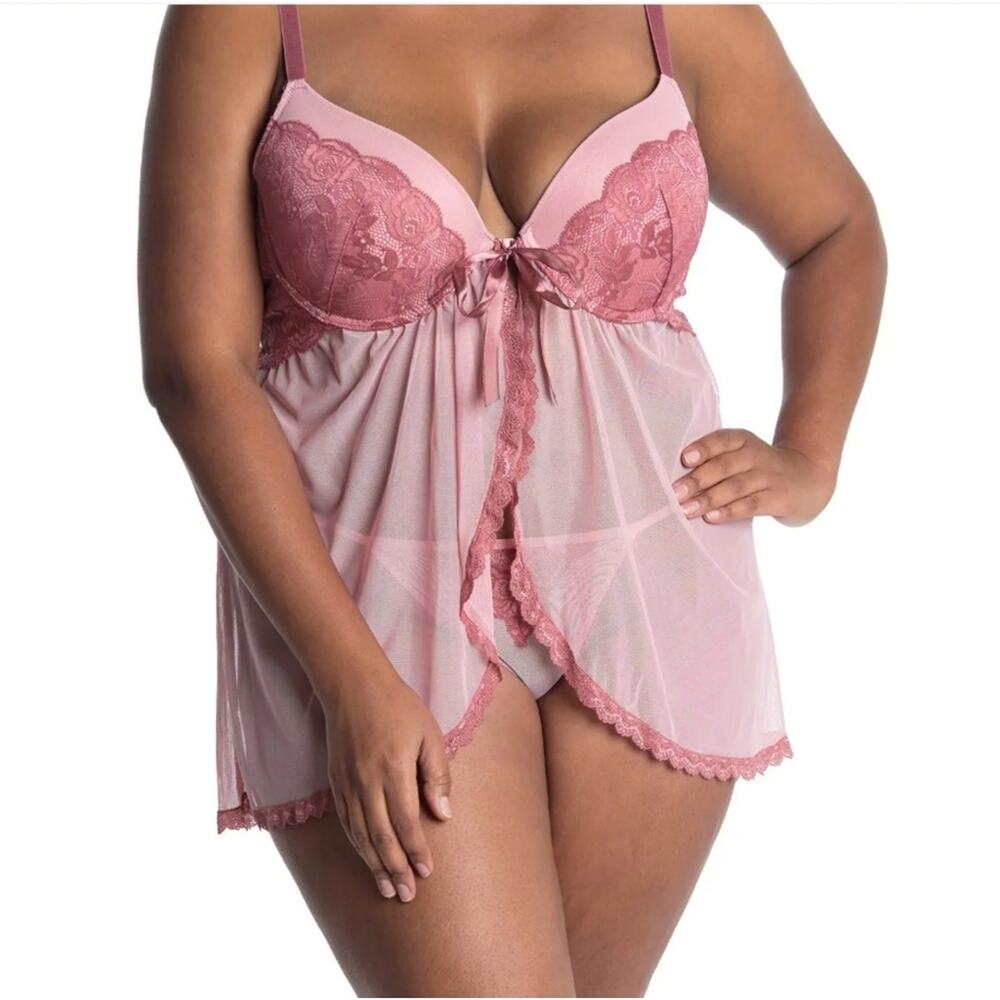 NWT 1X Jessica Simpson Galloon Lace Bridal Rose Babydoll Chemise & Thong 2pc Set